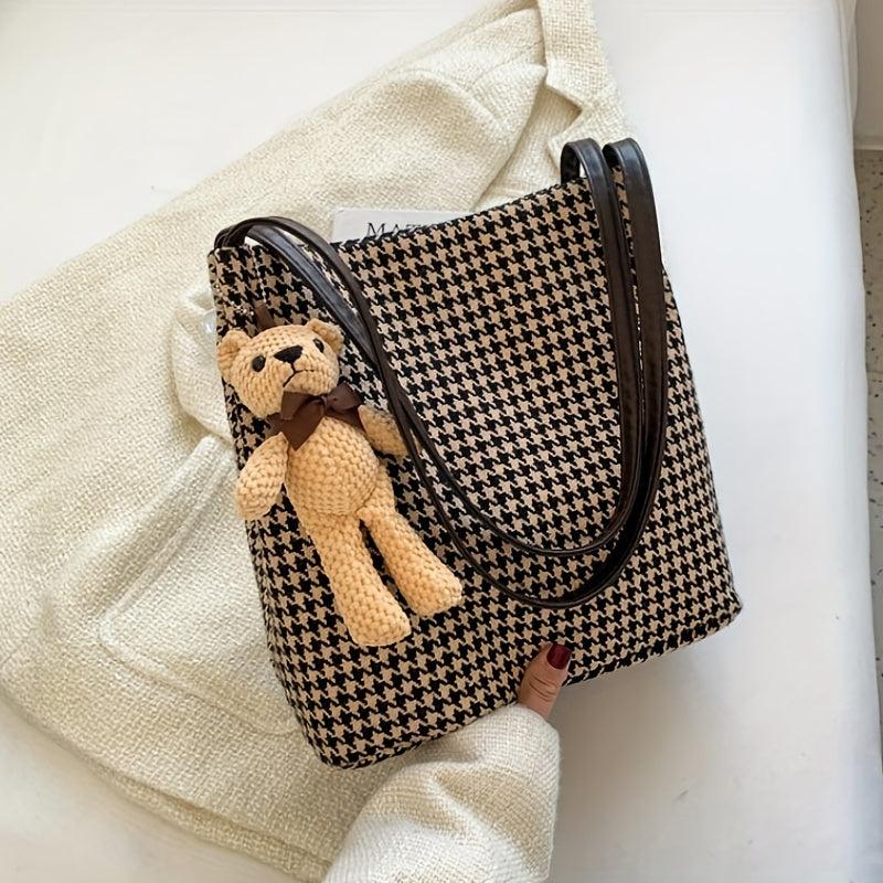 Vintage Houndstooth Tote Bag Bear Pendant Shoulder Handbag