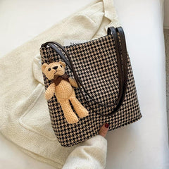 Vintage Houndstooth Tote Bag Bear Pendant Shoulder Handbag