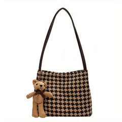 Vintage Houndstooth Tote Bag Bear Pendant Shoulder Handbag