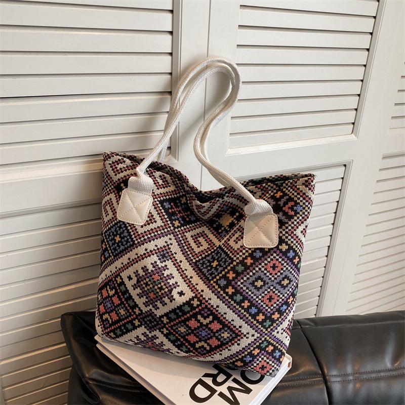 Geometric Pattern Canvas Tote Bag Ethnic Style Shoulder Handbag