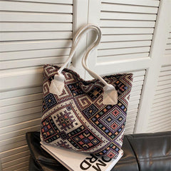 Geometric Pattern Canvas Tote Bag Ethnic Style Shoulder Handbag