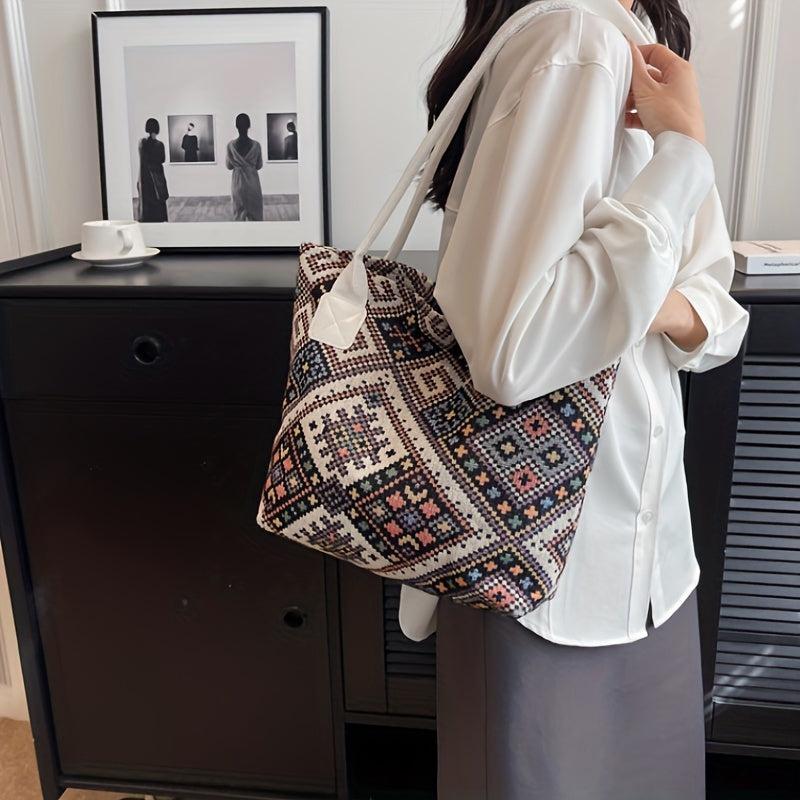 Geometric Pattern Canvas Tote Bag Ethnic Style Shoulder Handbag