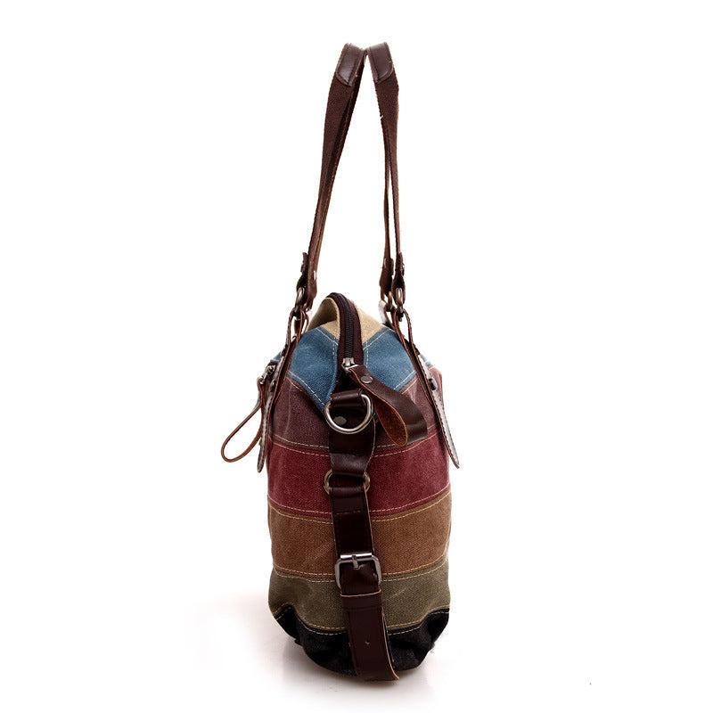 Rainbow Block Canvas Tote Bag Large Capacity Shoulder Handbag