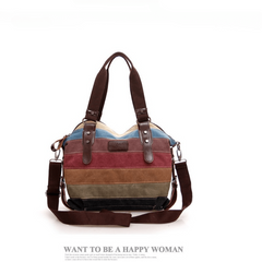 Rainbow Block Canvas Tote Bag Large Capacity Shoulder Handbag