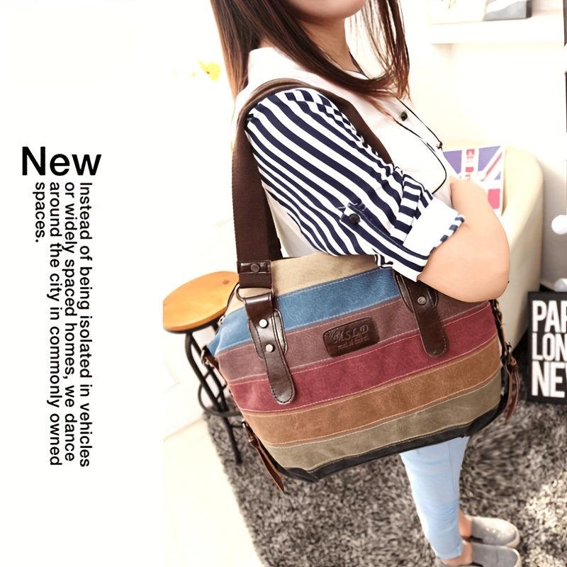 Rainbow Block Canvas Tote Bag Large Capacity Shoulder Handbag