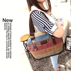 Rainbow Block Canvas Tote Bag Large Capacity Shoulder Handbag