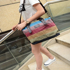 Rainbow Block Canvas Tote Bag Large Capacity Shoulder Handbag