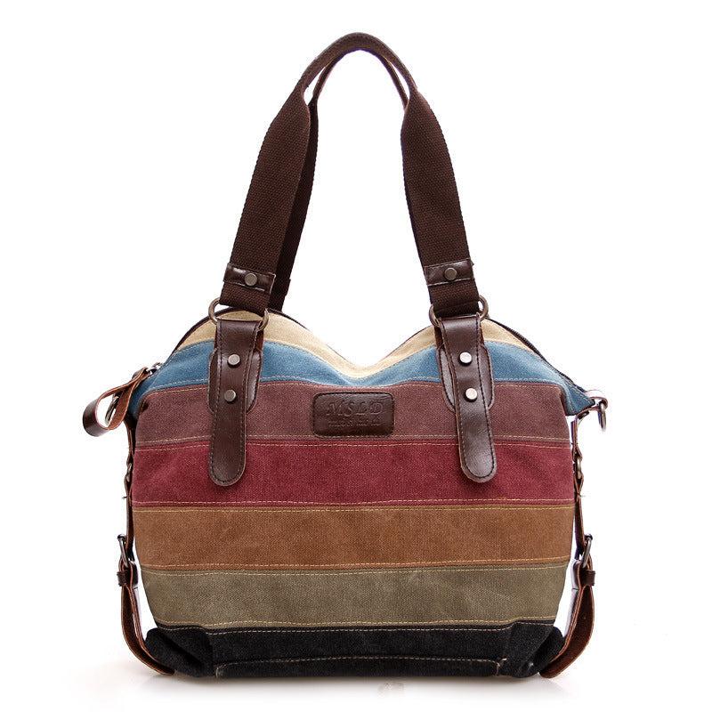 Rainbow Block Canvas Tote Bag Large Capacity Shoulder Handbag