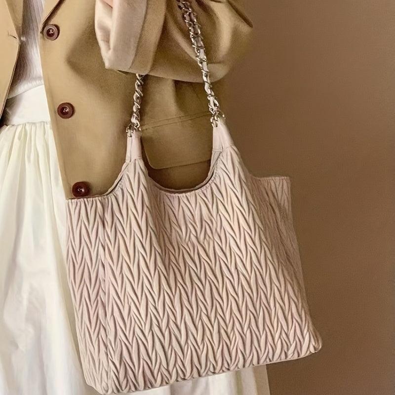 Pleated Metal Chain Willow Leaf Tote Bag PU Leather Shoulder Bag