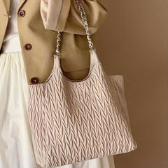 Pleated Metal Chain Willow Leaf Tote Bag PU Leather Shoulder Bag