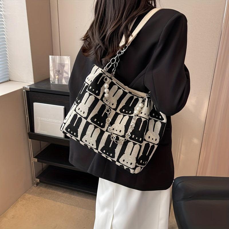 Bunny Pattern Tote Bag Faux Pearl Chain Handbag