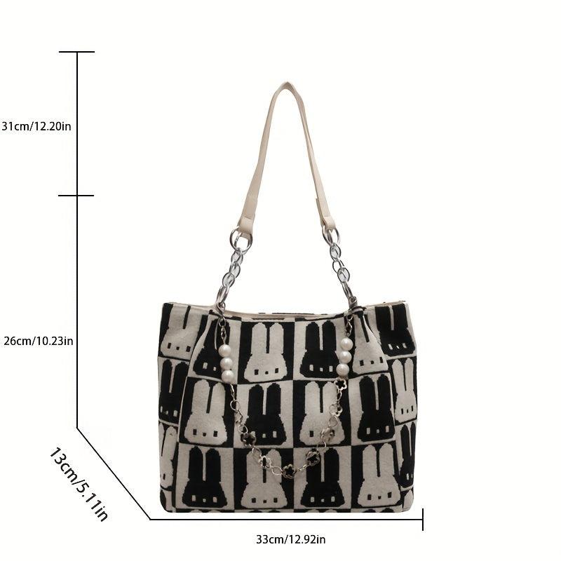 Bunny Pattern Tote Bag Faux Pearl Chain Handbag