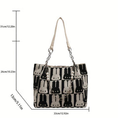Bunny Pattern Tote Bag Faux Pearl Chain Handbag