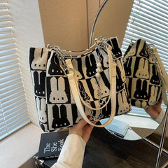 Bunny Pattern Tote Bag Faux Pearl Chain Handbag