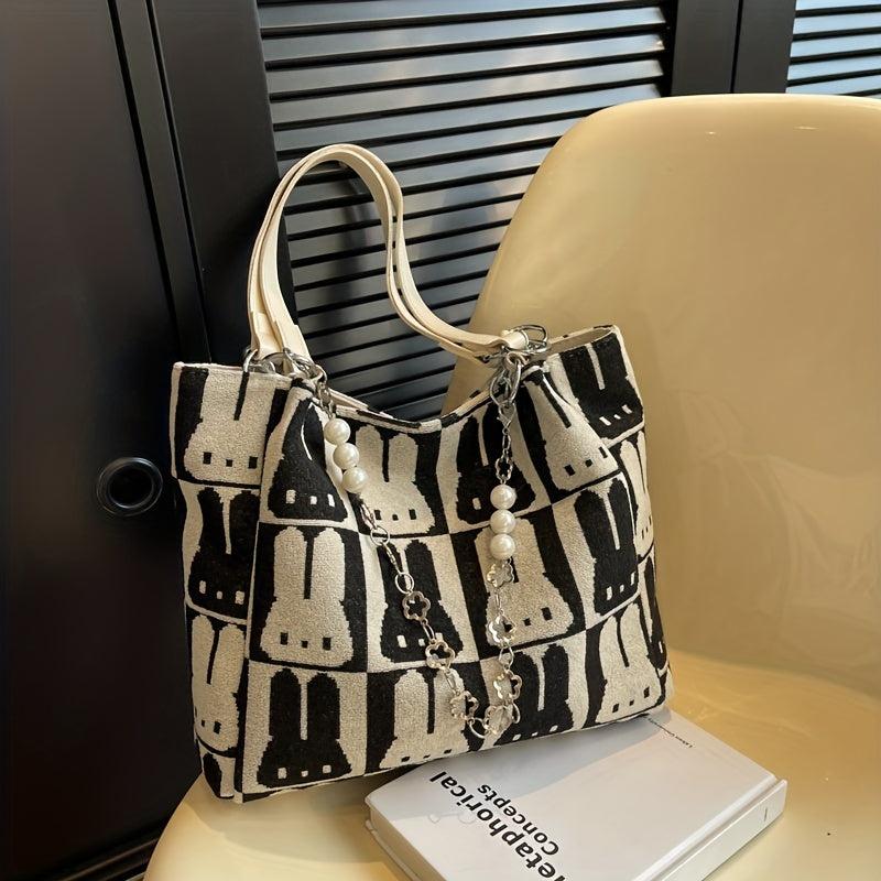 Bunny Pattern Tote Bag Faux Pearl Chain Handbag
