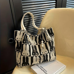 Bunny Pattern Tote Bag Faux Pearl Chain Handbag