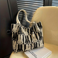 Bunny Pattern Tote Bag Faux Pearl Chain Handbag