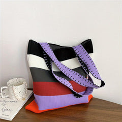 Rainbow Stitching Striped Knitted Tote Bag Lightweight Shoulder Bag