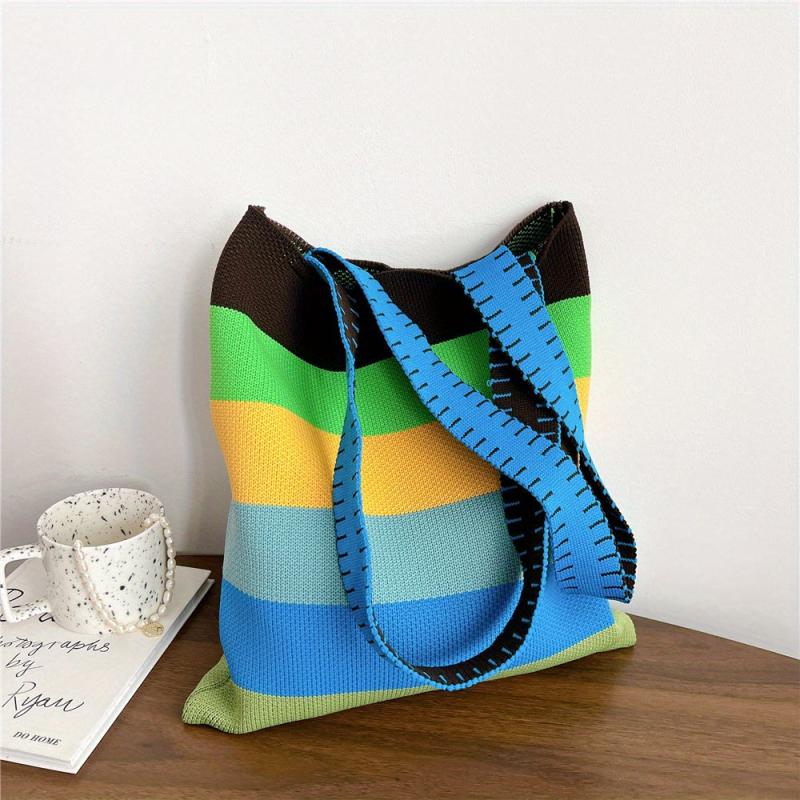 Rainbow Stitching Striped Knitted Tote Bag Lightweight Shoulder Bag