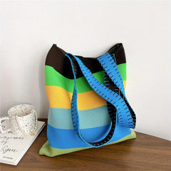 Rainbow Stitching Striped Knitted Tote Bag Lightweight Shoulder Bag