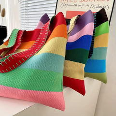 Rainbow Stitching Striped Knitted Tote Bag Lightweight Shoulder Bag