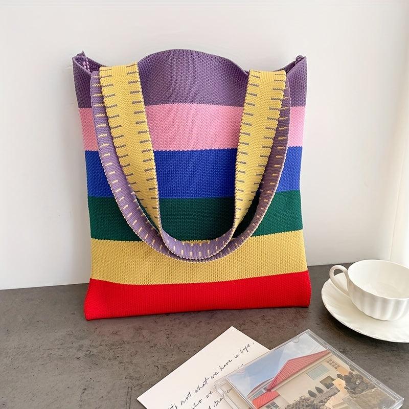 Rainbow Stitching Striped Knitted Tote Bag Lightweight Shoulder Bag