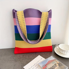 Rainbow Stitching Striped Knitted Tote Bag Lightweight Shoulder Bag