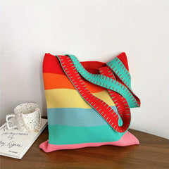 Rainbow Stitching Striped Knitted Tote Bag Lightweight Shoulder Bag