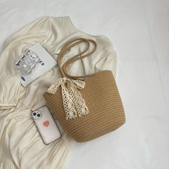 Boho Style Woven Tote Bag with Scarf Bowknot
