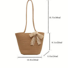 Boho Style Woven Tote Bag with Scarf Bowknot