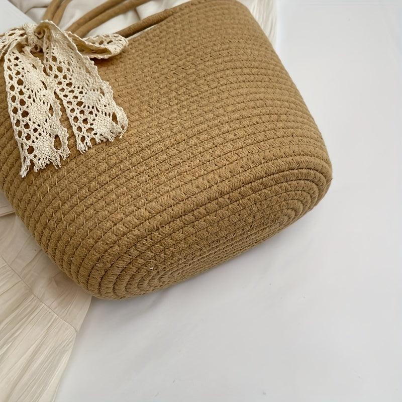 Boho Style Woven Tote Bag with Scarf Bowknot