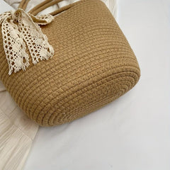Boho Style Woven Tote Bag with Scarf Bowknot