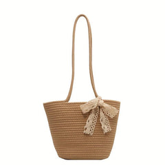 Boho Style Woven Tote Bag with Scarf Bowknot