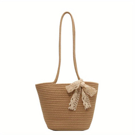 Boho Style Woven Tote Bag with Scarf Bowknot