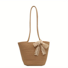 Boho Style Woven Tote Bag with Scarf Bowknot