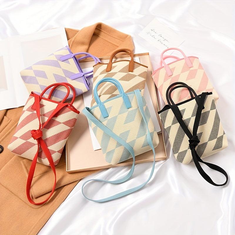 Knitted Geometric Shoulder Bag Colorblock Satchel Handbag