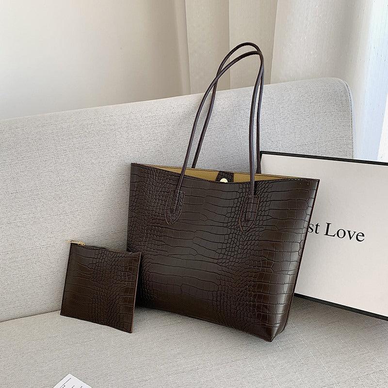 Crocodile Embossed Tote Bag Solid Shoulder Bag With Clutch Pouch