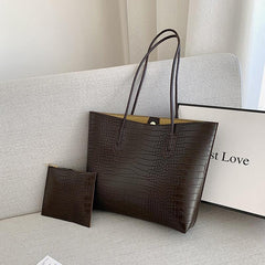 Crocodile Embossed Tote Bag Solid Shoulder Bag With Clutch Pouch