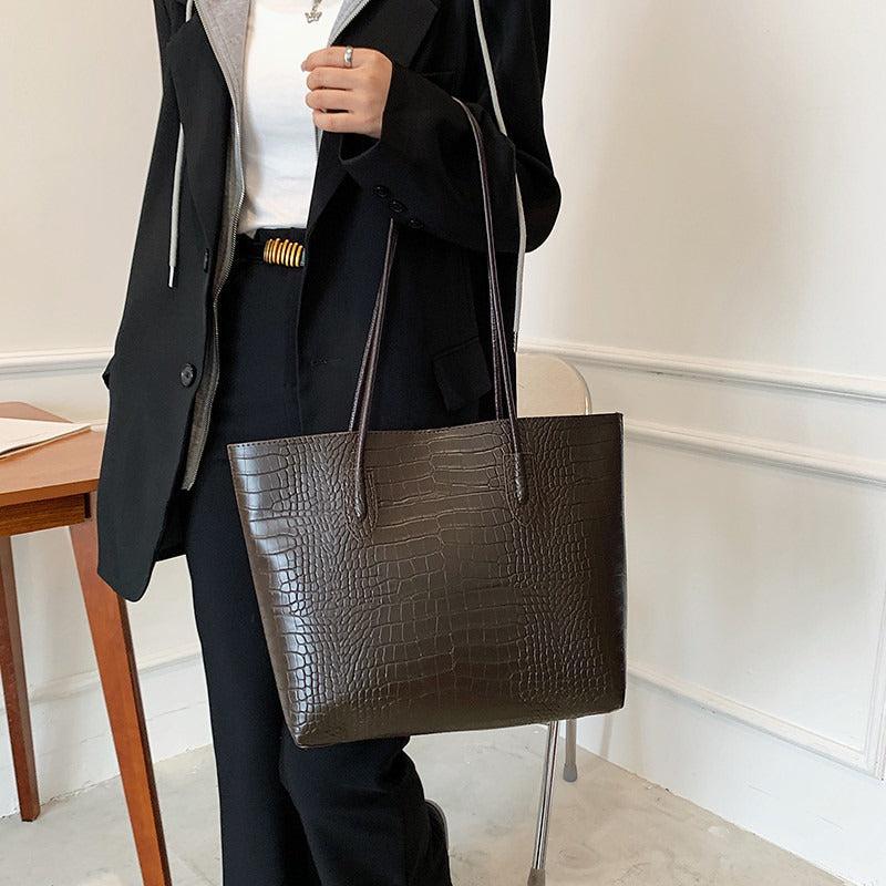 Crocodile Embossed Tote Bag Solid Shoulder Bag With Clutch Pouch