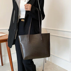 Crocodile Embossed Tote Bag Solid Shoulder Bag With Clutch Pouch