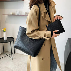 Crocodile Embossed Tote Bag Solid Shoulder Bag With Clutch Pouch