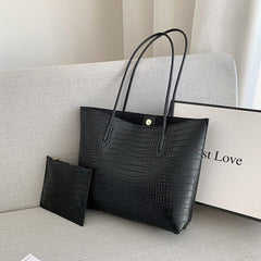 Crocodile Embossed Tote Bag Solid Shoulder Bag With Clutch Pouch