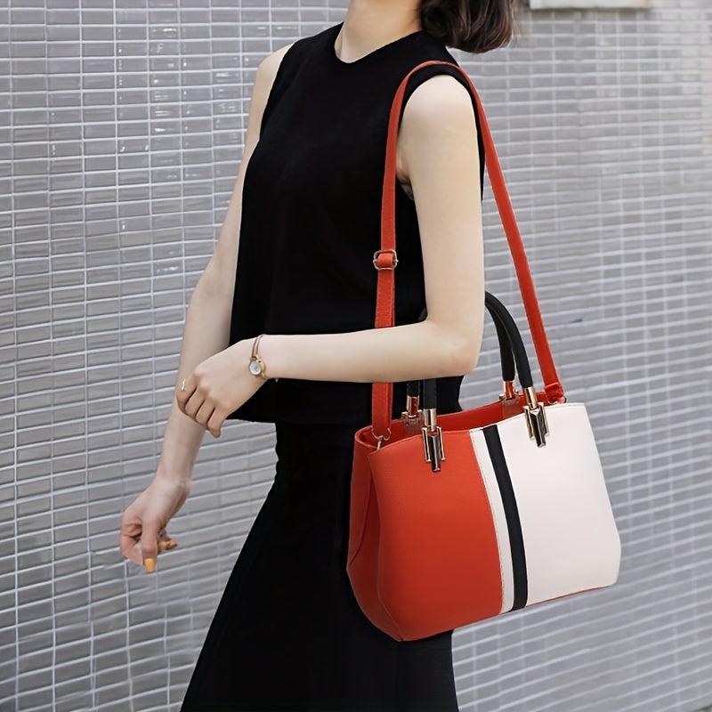 Classic Tote Satchel with Pendant - Colorblock Zipper Bag