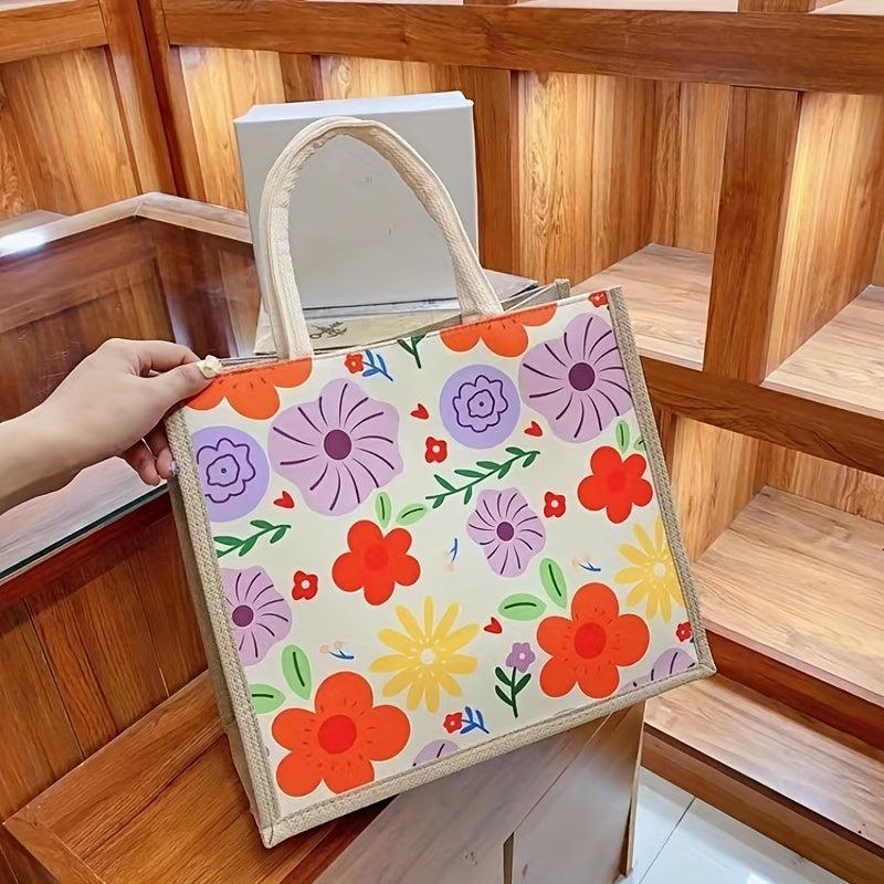 Flower Print Canvas Tote Bag Lightweight Shoulder Satchel Casual Commuter Bag