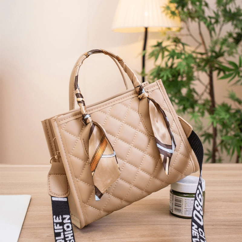 Quilted Detail Shoulder Bag Tote with Scarf