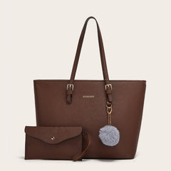 Women's Large Capacity Tote Bag with Small Pouch and Pompom Pendant