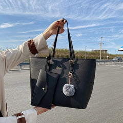 Women's Large Capacity Tote Bag with Small Pouch and Pompom Pendant