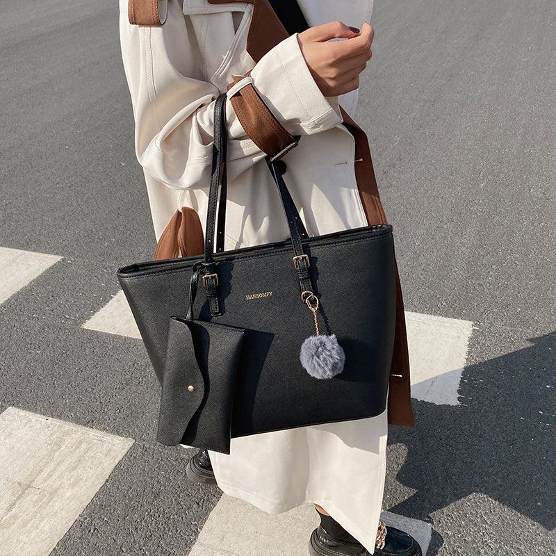 Women's Large Capacity Tote Bag with Small Pouch and Pompom Pendant