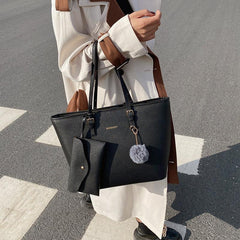 Women's Large Capacity Tote Bag with Small Pouch and Pompom Pendant
