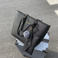 Women's Large Capacity Tote Bag with Small Pouch and Pompom Pendant